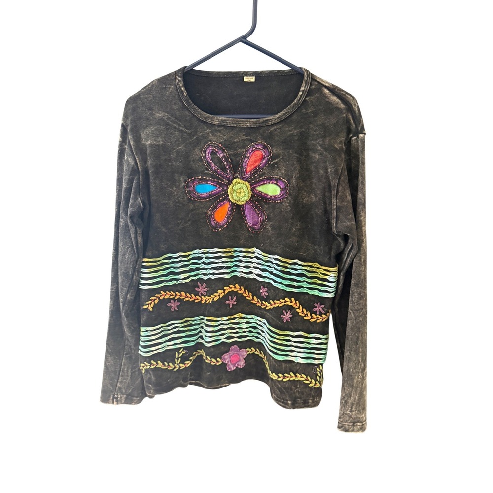Womens Acid Wash Embroidered Floral Long Sleeve Top Boho Art to Wear Grey L